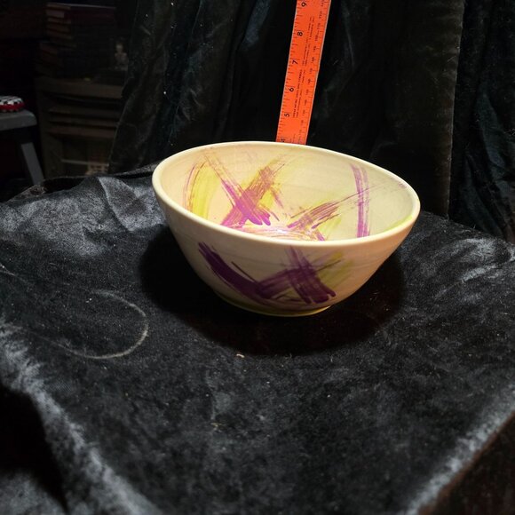 Handcrafted Ceramic Bowl With Abstract Purple & Green Brushstrokes - Picture 3 of 9